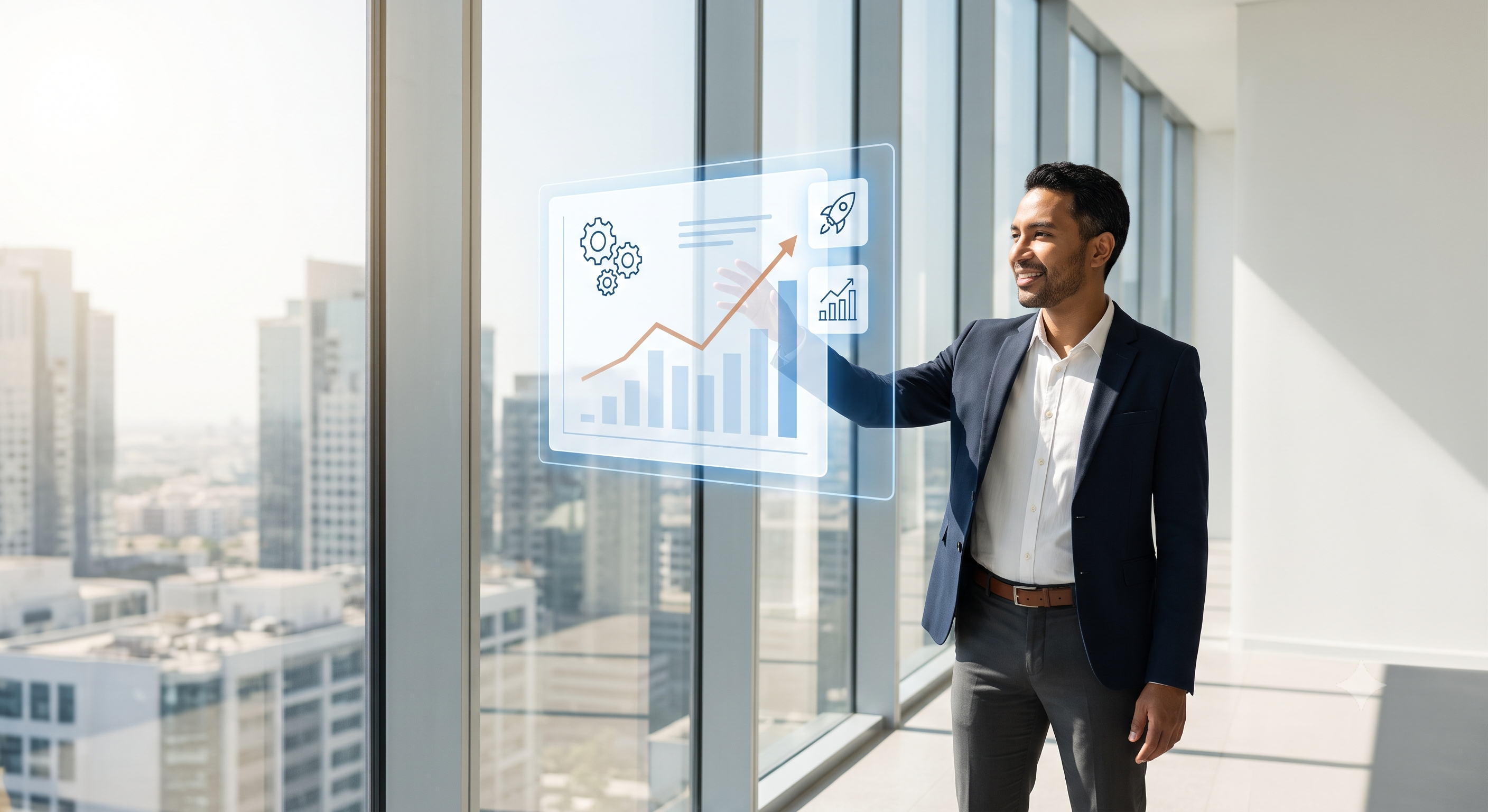 Business owner reviewing growth dashboards